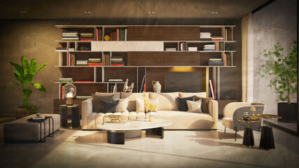 Large luxury modern bright interiors home Living room mockup banner vintage illustration 3D rendering