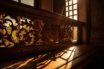 close-up of intricately carved window frame, with sunlight streaming through, created with generative ai