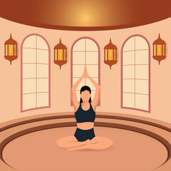 A faceless girl is doing yoga in a round hall. The concept of sports, mental health. Vector image