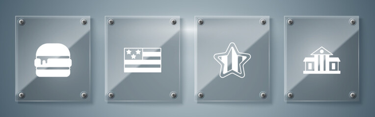 Set White House, USA Independence day, American flag and Burger. Square glass panels. Vector