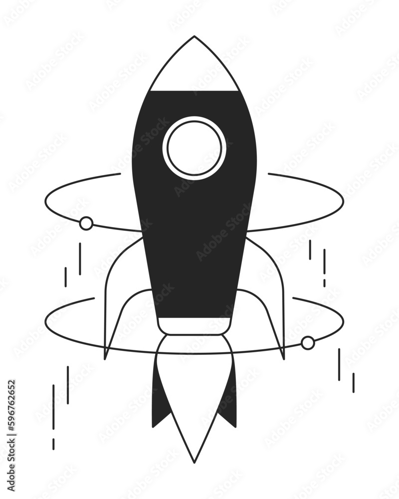 Poster rocket reaching high speed flat line black white vector object. spacecraft, startup launch. editable