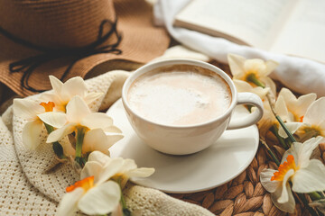 Morning cup of coffee, beautiful spring composition