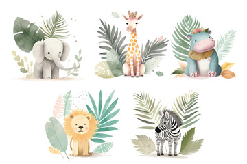 Safari Animal set lion, hippo, elephant, giraffe, zebra and palm leaf in 3d style. Isolated. Generative AI - obrazy, fototapety, plakaty