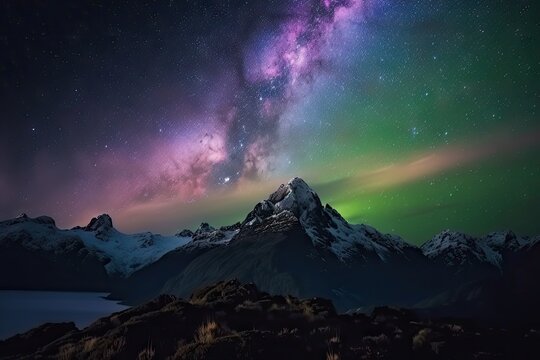 colorful aurora borealis and australis over mountain range, with the stars shining above, created with generative ai