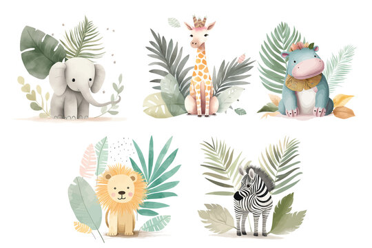 Fototapeta Safari Animal set lion, hippo, elephant, giraffe, zebra and palm leaf in 3d style. Isolated. Generative AI