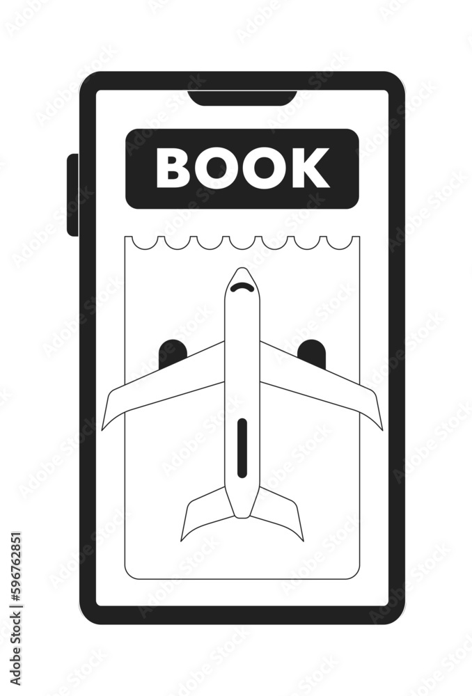 Poster booking plane ticket online on mobile phone monochrome concept vector spot illustration. editable 2d