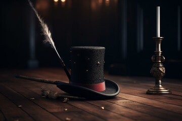 3D illustration of a stage prop - a top hat and magic wand. Generative AI - obrazy, fototapety, plakaty