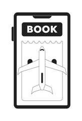 Booking plane ticket online on mobile phone monochrome concept vector spot illustration. Editable 2D flat bw cartoon object for web UI design. Cheap flight linear hero image. Jost Extrabold font used