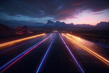 Ai generated illustration of night  highway with neon light
