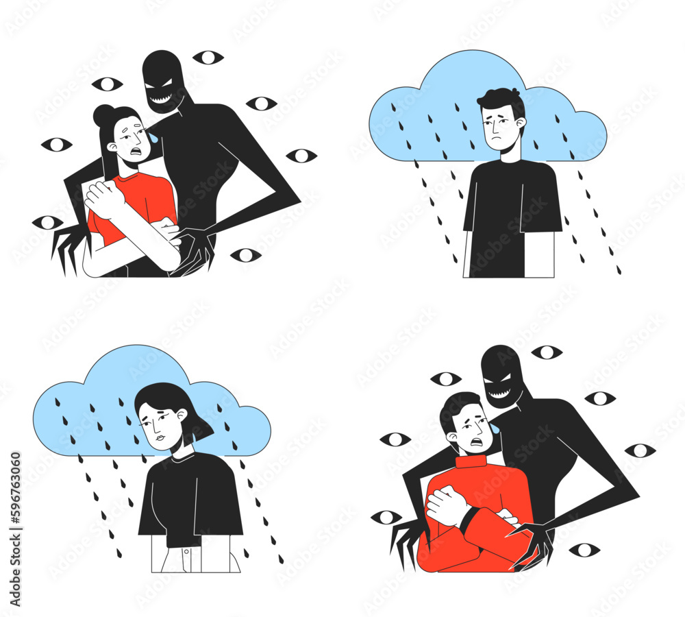 Poster mental illnesses flat line concept vector spot illustration set. depressed 2d cartoon outline charac