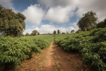 Obraz premium Farm with coffee plantation, green bushes. Generative ai.