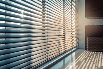 close-up of sleek, automated window blinds in motion, created with generative ai - obrazy, fototapety, plakaty
