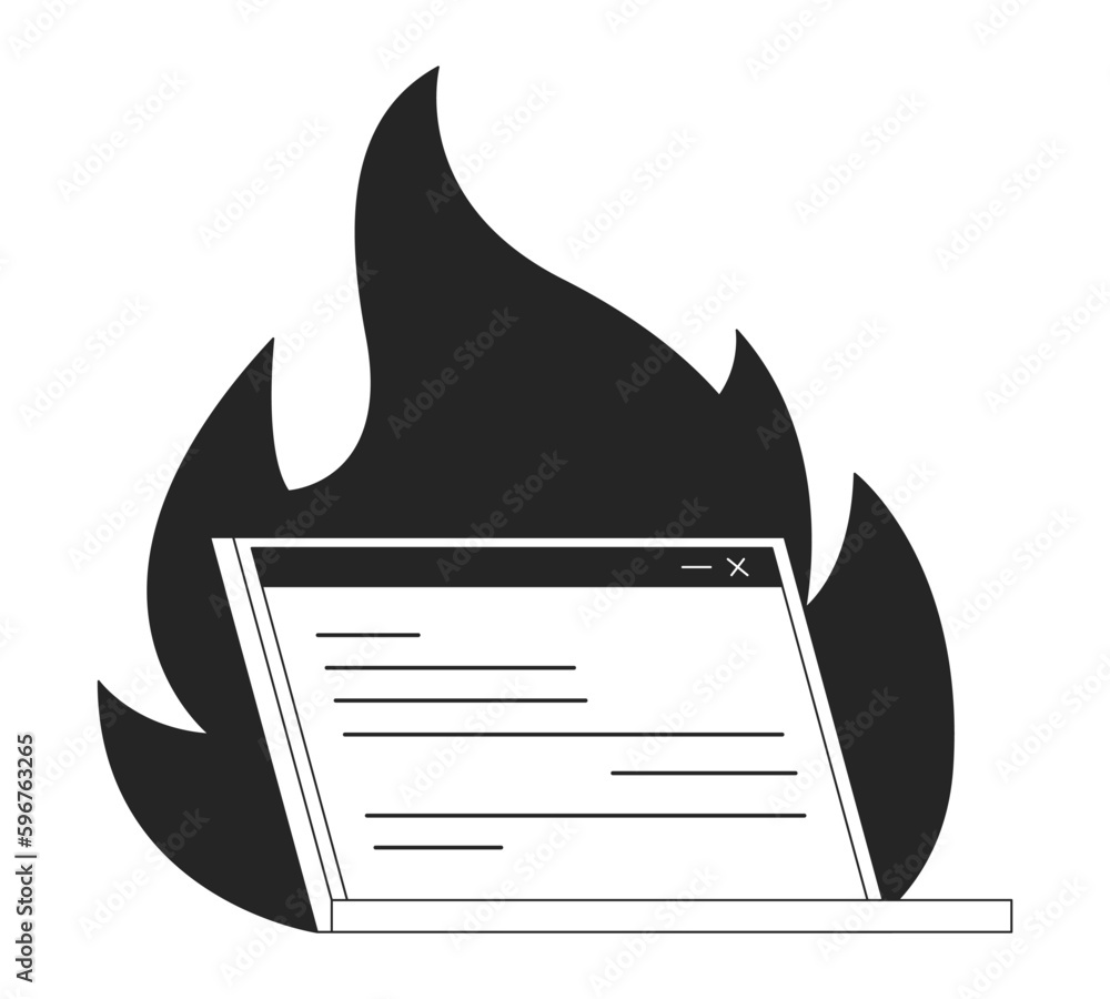 Aufkleber digital burnout bw concept vector spot illustration. laptop on fire 2d cartoon flat line monochromat