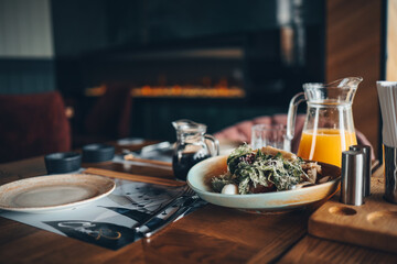 Food in the restaurant, stylish interior