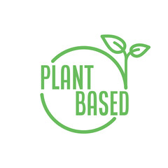Plant based logo. Circular shape base with plant leaf. Vegan and vegetarian friendly badge.