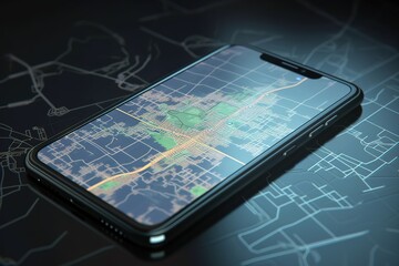 Smartphone screen with GPS navigator map over dark background. 3D render illustration generated by AI. Generative AI
