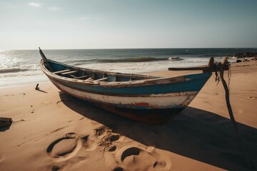 Boat used for fishing in Africa resting on shore. Generative AI