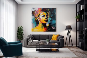 the bold colors of a painting, surrounded by white walls and black furniture, created with generative ai