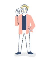 スマートフォンを持って立つ男性