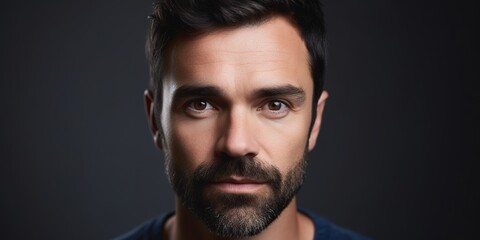 Obraz premium Hispanic young attractive man close up face shot over studio background. Dark background. Generative AI