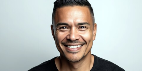 Obraz premium Cheerful Latin American male adult portrait. Head shot over white background studio. Generative AI