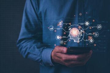 Chatbot Chat with AI, Artificial Intelligence. Businessman using chatbot in smartphone intelligence Ai, artificial intelligence by enter command prompt for generates something, Futuristic technology.