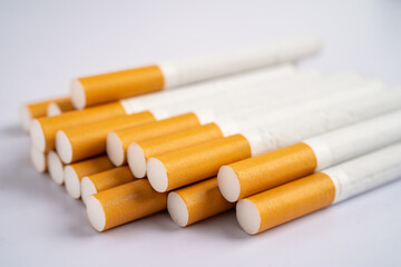 Cigarette, tobacco in roll paper with filter tube, No smoking concept.