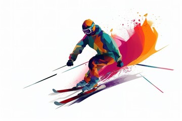 Abstract colorful illustration of person skiing. White background. Generative AI