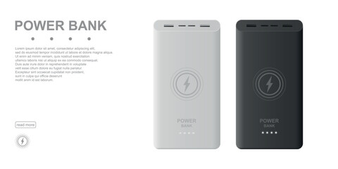 Set of silver and black power banks realistic vector illustration isolated on white background. 3D concept.