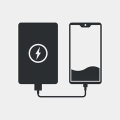 Smartphone to power bank connection via USB cable black and white vector illustration.