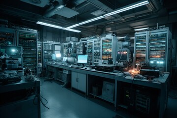 An advanced and futuristic lab equipped with cutting-edge technology such as computers, analyzing machines and lab equipment. Generative AI
