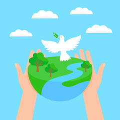 Peace Day composition with the planet and white dove in hands