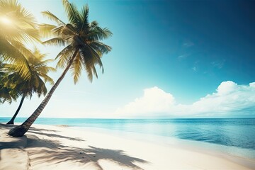 tropical beach, with palm trees swaying in the breeze and warm sun shining down, created with generative ai
