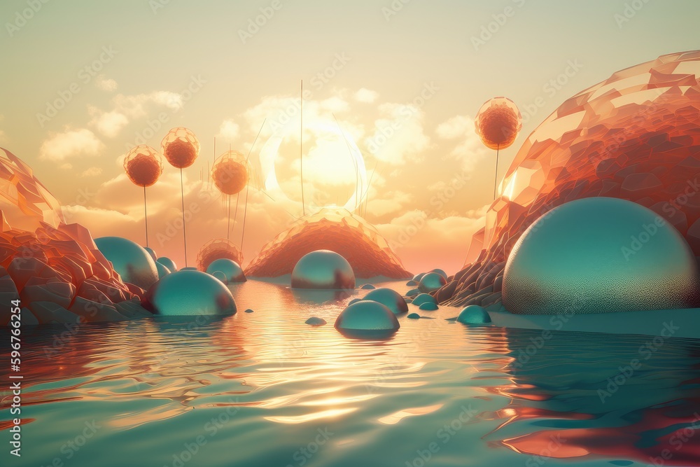 Poster a surreal float landscape with tinted skies and a shining sun, created with generative ai