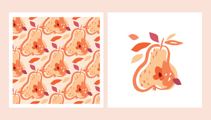 Pear summer fruit wall art , card, poster and seamless pattern for interior design, wall art, cover, textile, baby shover Vector hand drawn illustration