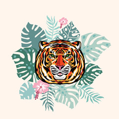 Tiger head animal in blossom tropical flowers and leaves , palm trees, monstera Vector wall art background hand drawn illustration 