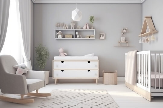 Modern minimalist nursery room in scandinavian style. Baby room interior in light colours