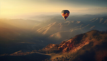 A stunning mountain vista with a colorful hot air balloon floating on air, generative ai