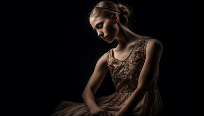 Naklejka premium A portrait of a ballerina dancing with emotionally graceful and elegant in dark studio background, generative ai 