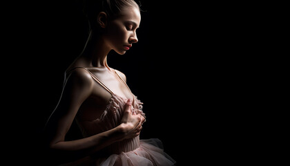 A portrait of a ballerina dancing with emotionally graceful and elegant in dark studio background, generative ai 