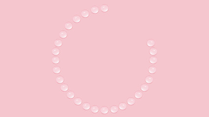 Drops of transparent gel or water are arranged in the shape of a not full circle. On a pink background.