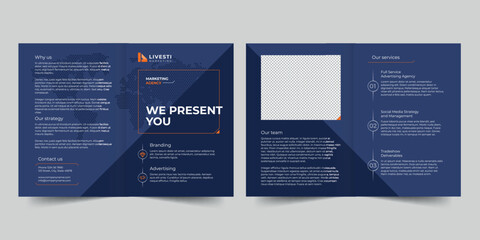 Marketing Agency bifold brochure template. A clean, modern, and high-quality design bifold brochure vector design. Editable and customize template brochure