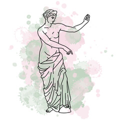 Vector illustration of antique statue of standing woman. Line art with watercolor background