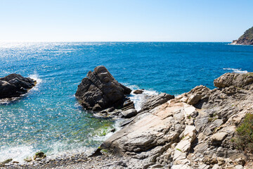 View of the Costa Brava, with its rocks and beaches on a sunny day, Costa Brava of Girona, Catalonia, Spain, Europe