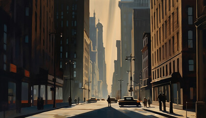 A cityscape painted in the expressionist style at an oblique angle, looking up at the towering skyscrapers with muted and subdued colors, generative ai