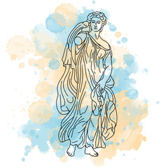 Vector Illustration of classic greek sculpture of young woman, lineart style with watercolor background