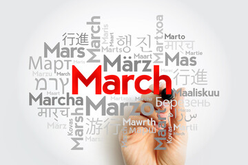 March in different languages of the world, word cloud concept background