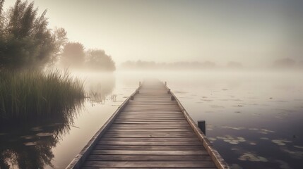 Fototapeta premium Wooden pier in misty morning by the lake. generative AI