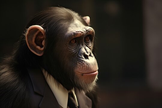 Executive Ape: Friendly Chimpanzee CEO in Business Suit Wearing a Mask in an Office: Generative AI