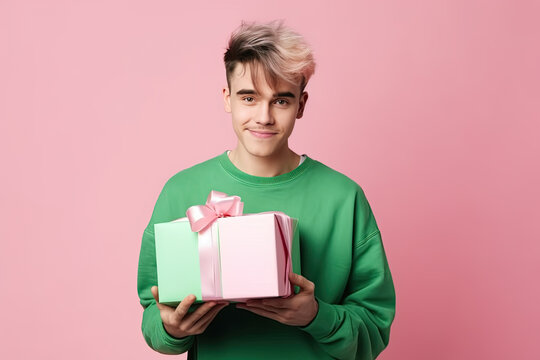 Smiling teenager in green casual style sweatshirt holding gift box in hands isolated on pink background, created with Generative AI